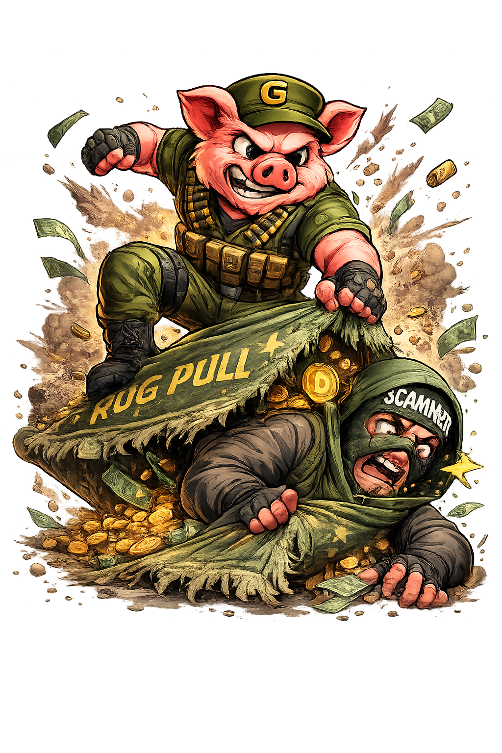General GunoPig yanking the rug out from under a scammer, revealing a RUG PULL label